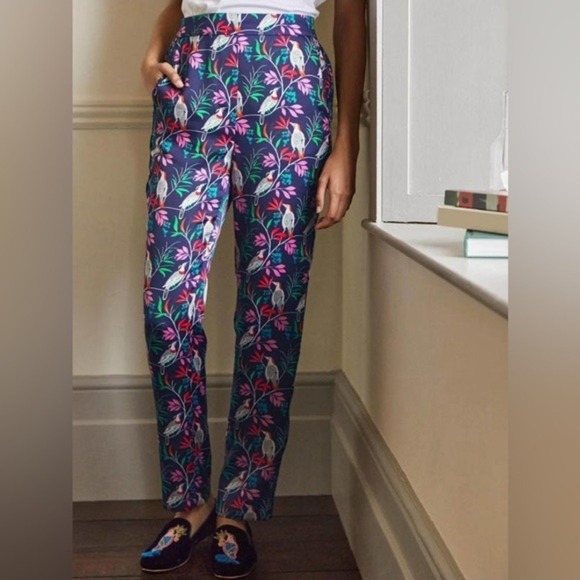 Boden Pants - Boden Ludlow Pull On Satin Trousers Womens US 8 Bird Print Cropped Navy